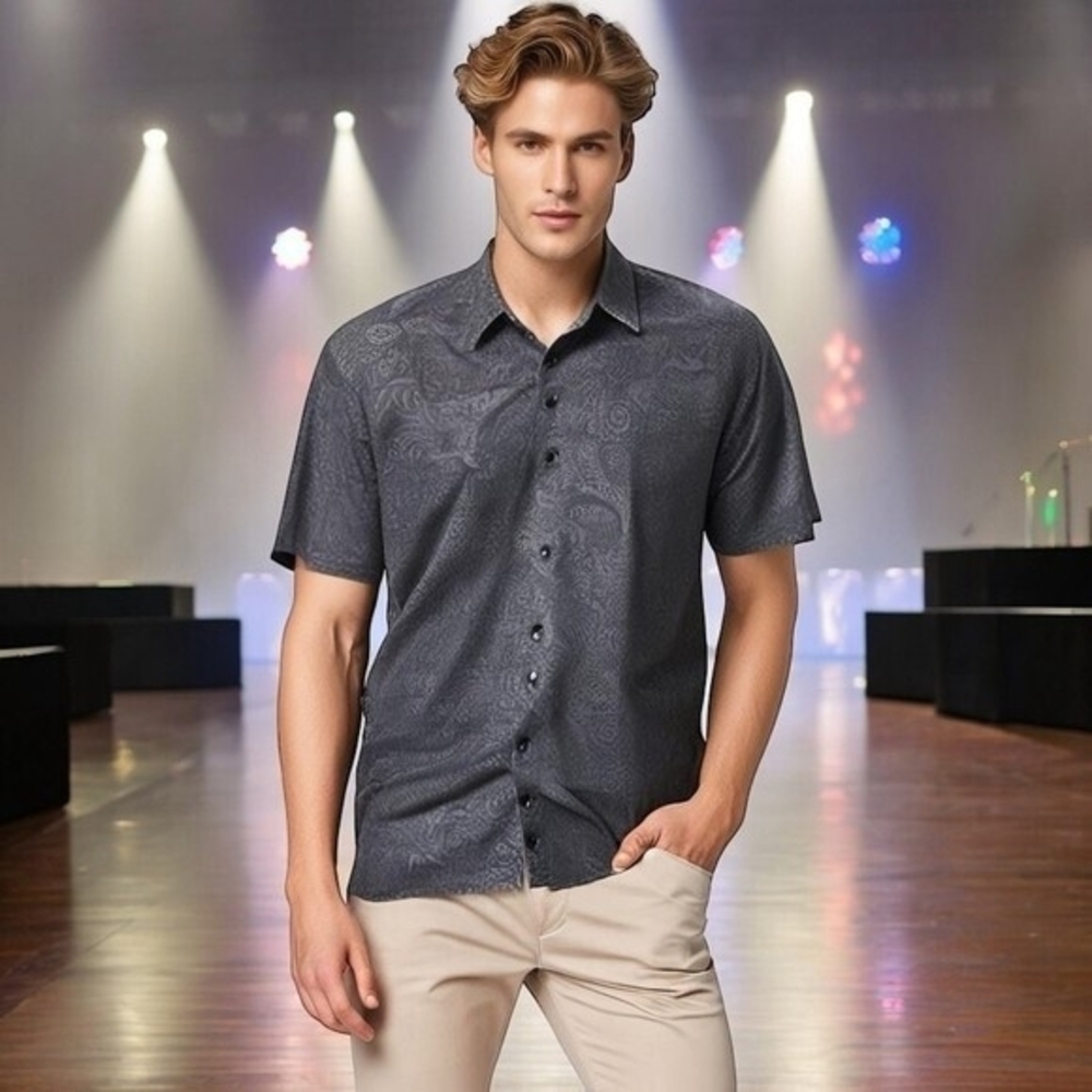 Robert Graham Gray Cotton Short Sleeve Button Front Classic Fit Shirt Size L